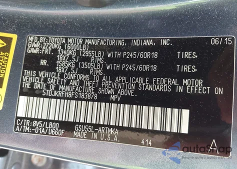 2015 Toyota Highlander Xle V6 из США, поврежденный, VIN 5TDJKRFH8FS183878